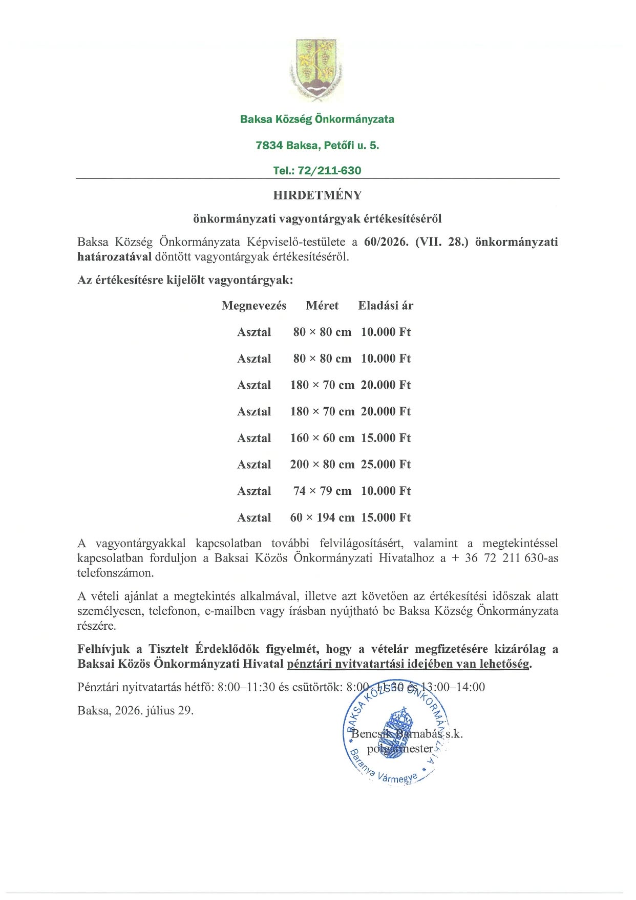 Önkormányzati vagyontárgyak értékesítése
